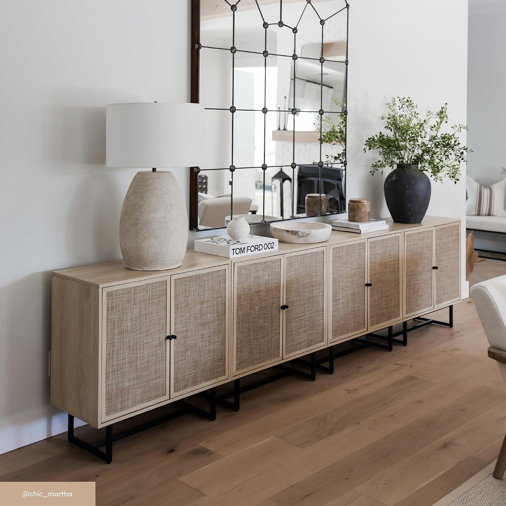 Nathan James Kova Accent Sideboard Storage Cabinet in Light Wood and Rattan with Metal Frame, Adjustable Shelves and Cane Doors, for Hallway, or Living Room, Light Oak/Cane/Black