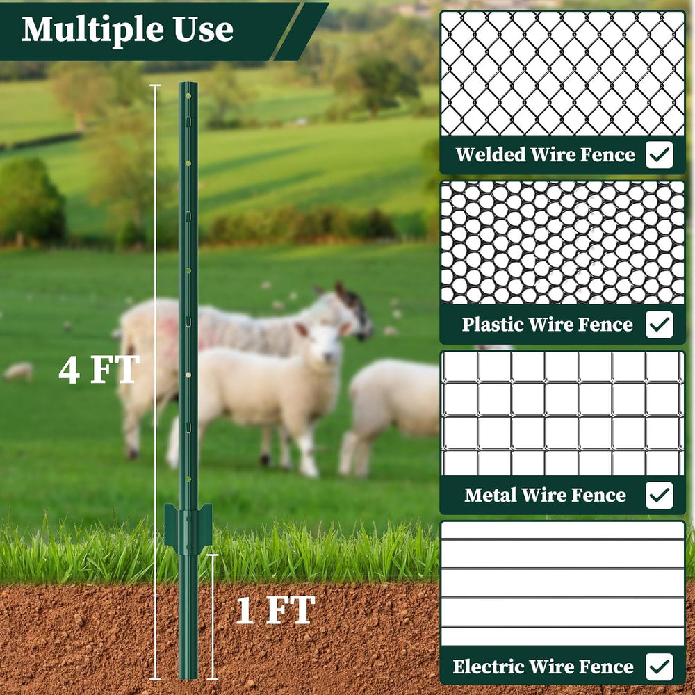 Metal Garden Fence Posts– Heavy Duty U-Post for Wire Fencing, 4 FT Green