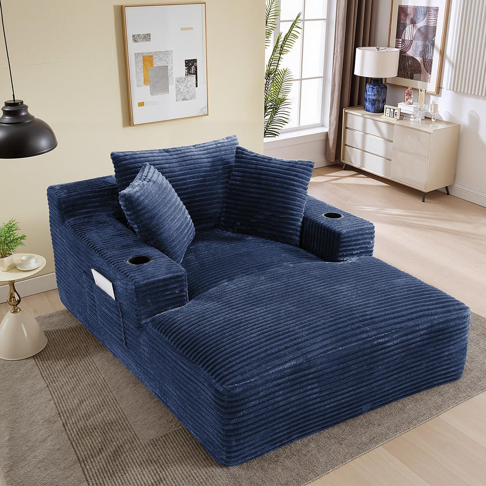 50" x 68" Corduroy Chaise Lounge, Cup Holders, Blue
