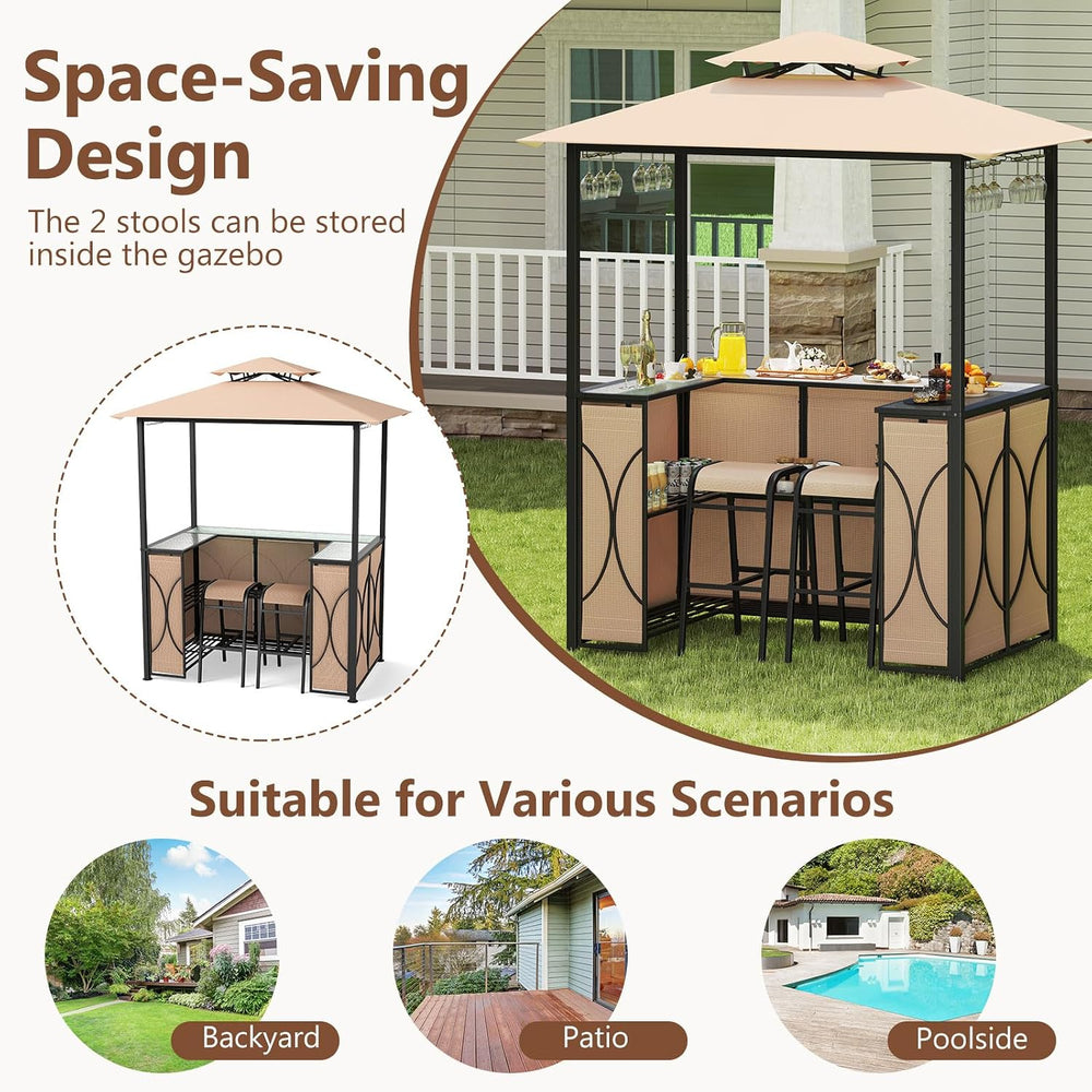 Tangkula 3-Piece Patio Bar Set, Grill Gazebo & 2 Bar Stools with Tempered...