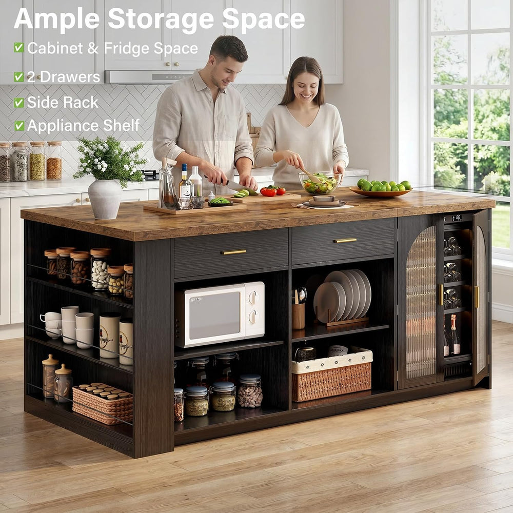 IBF 71" Large Kitchen Island with Storage and Seating, Rustic Brown &amp...