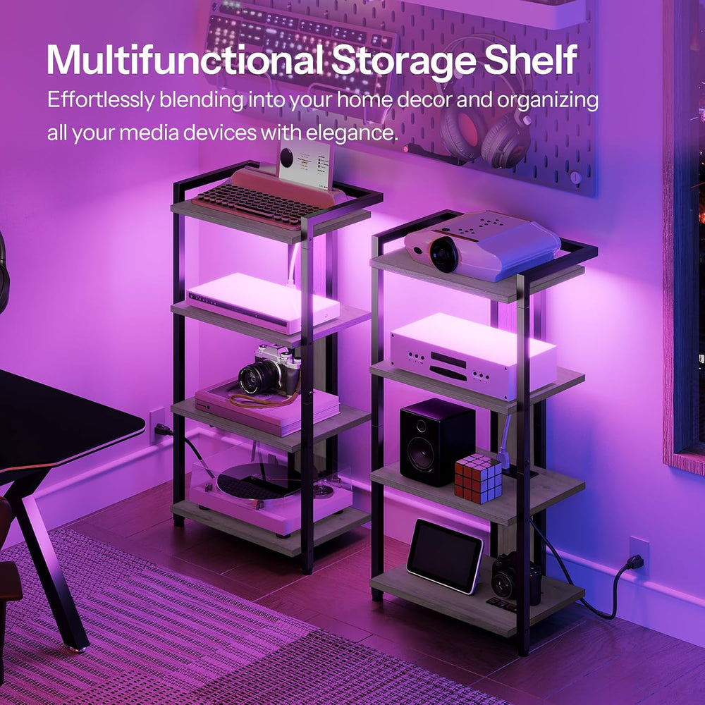 HOOBRO 4-Tier AV Media Stand, Media Console with Charging Station&LED Light