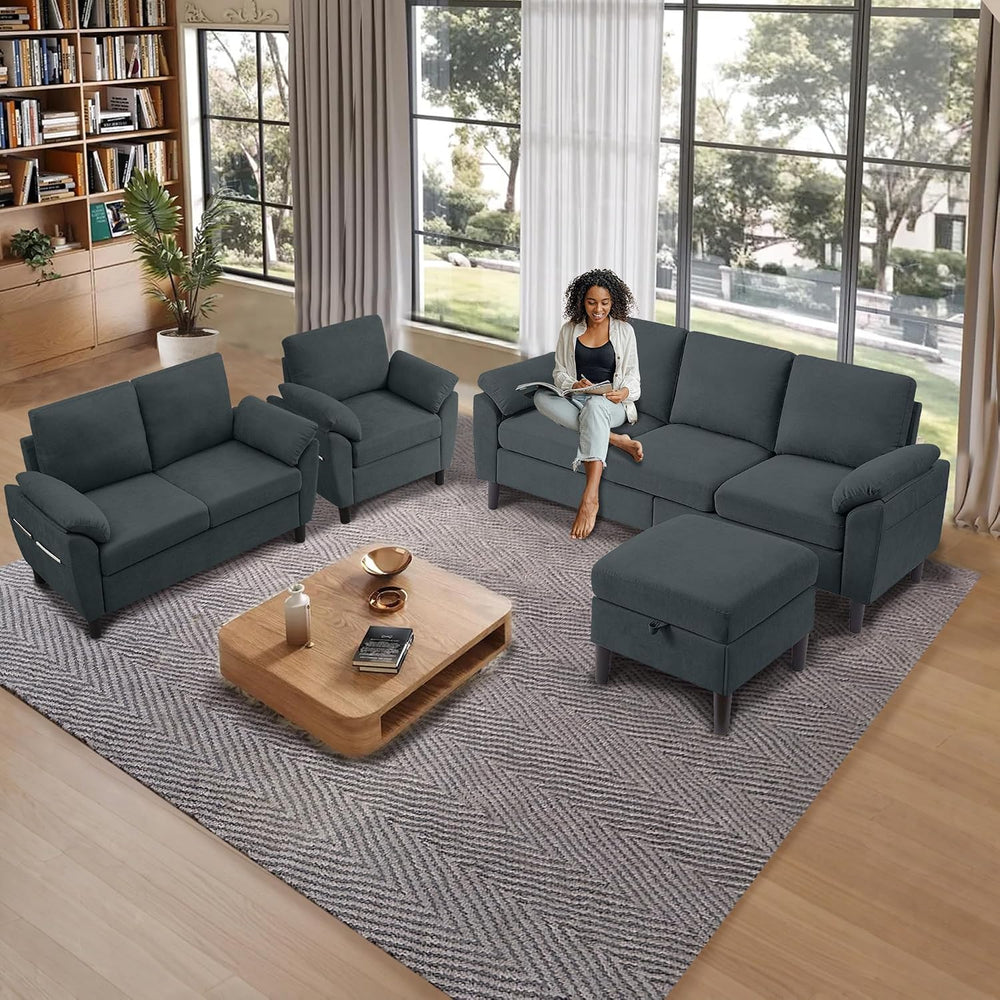 4 Piece Convertible Sectional Sofa Set, Modern Linen Small L Shaped Couch wit...