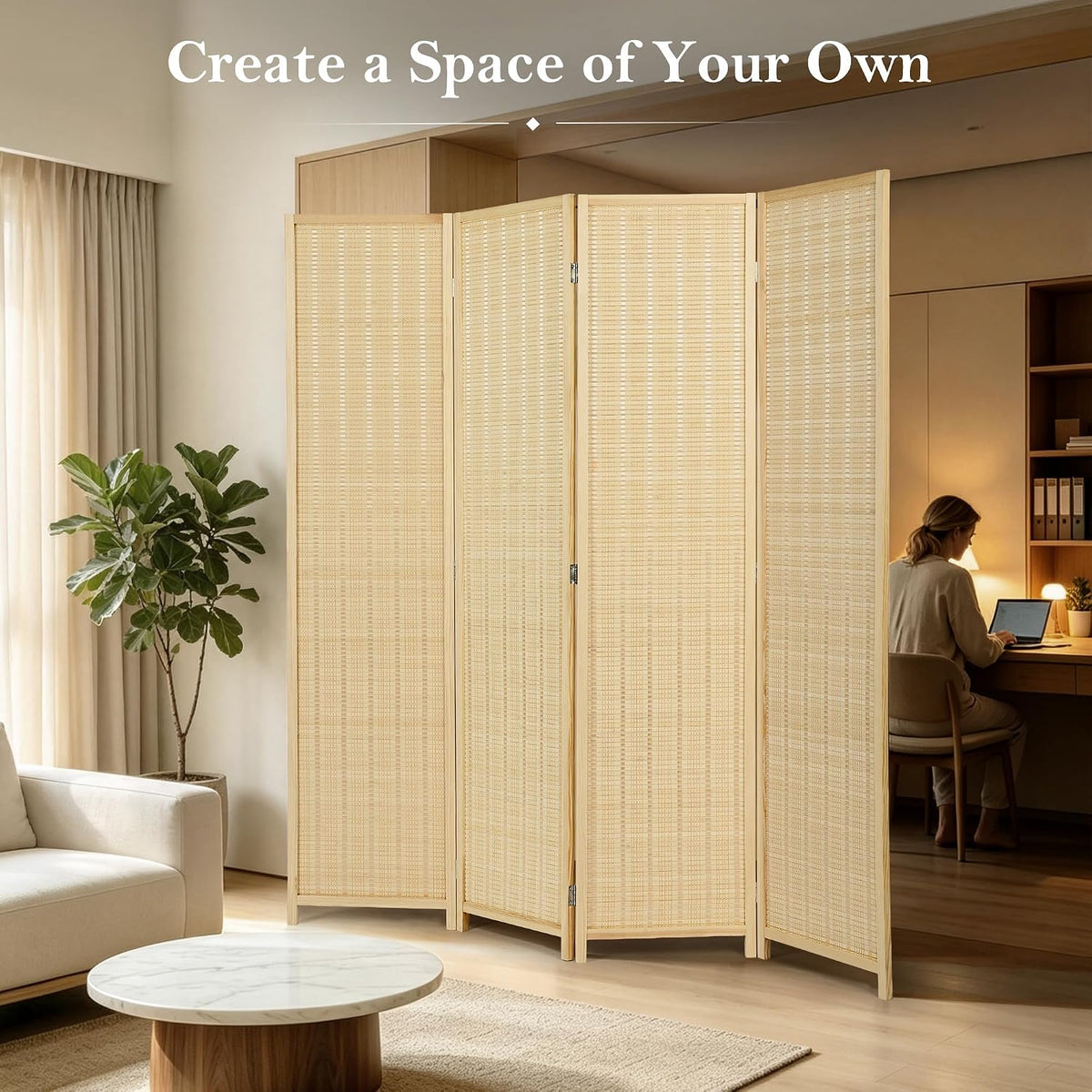4 Panel Bamboo Room Divider, Folding Privacy Screen, Natural