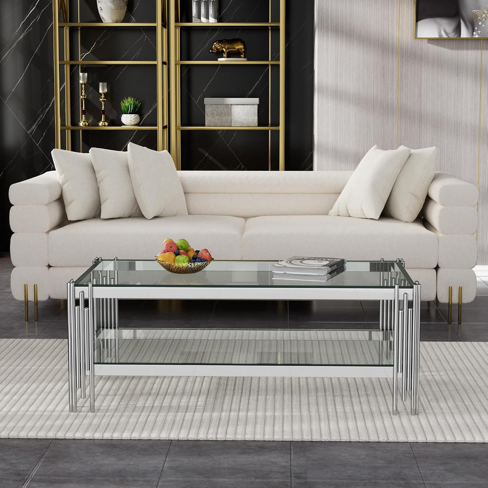 Henf 3-Piece Glass Living Room Table Set, 2-Tier Glass Coffee Table & 2 E...