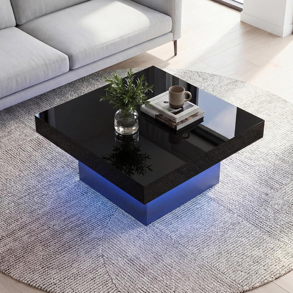 GOFLAME LED Coffee Table for Living Room, Square, Modern High Glossy, Black