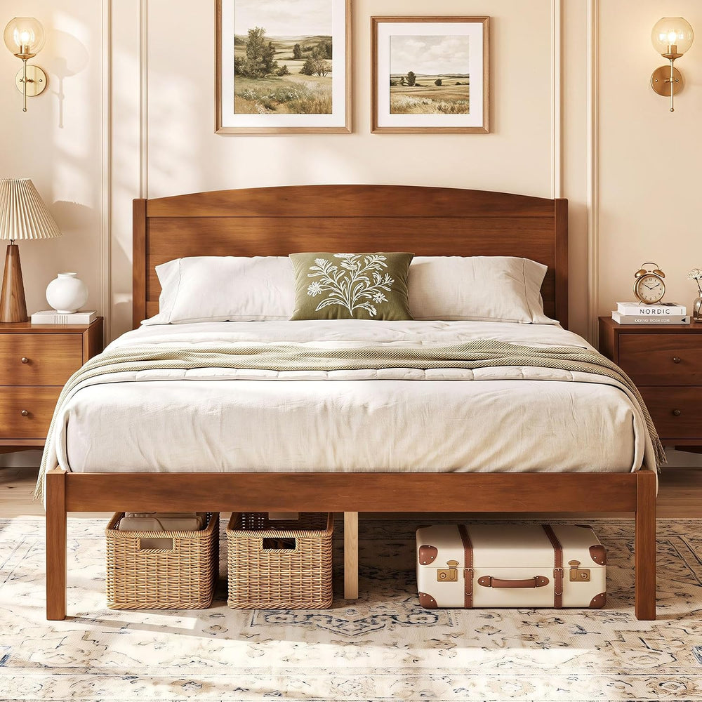 GIANTEX Full Size Wooden Bed Frame with Curved Headboard, Wood Slat Support