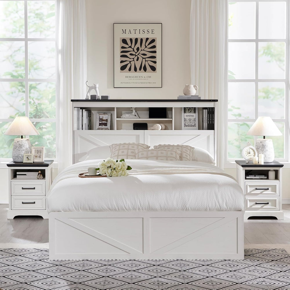 ACCOHOHO Farmhouse Full Size Bed Frame with 52" Tall Storage Headboard a...