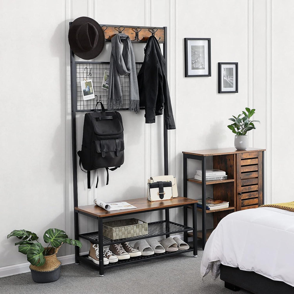 VASAGLE Coat Rack and Storage Bench, Hall Tree with 9 Hooks, Iron Frame