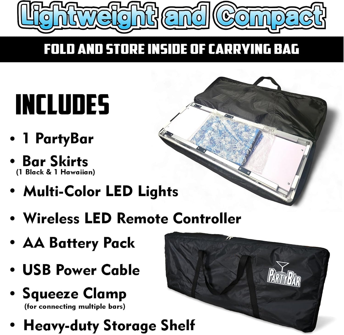 PARTYPONG Folding Portable Double Bar w/LED Lights, Wireless Remote, 2 Bar Skirts, Storage Shelf, & Carrying Case - Prism
