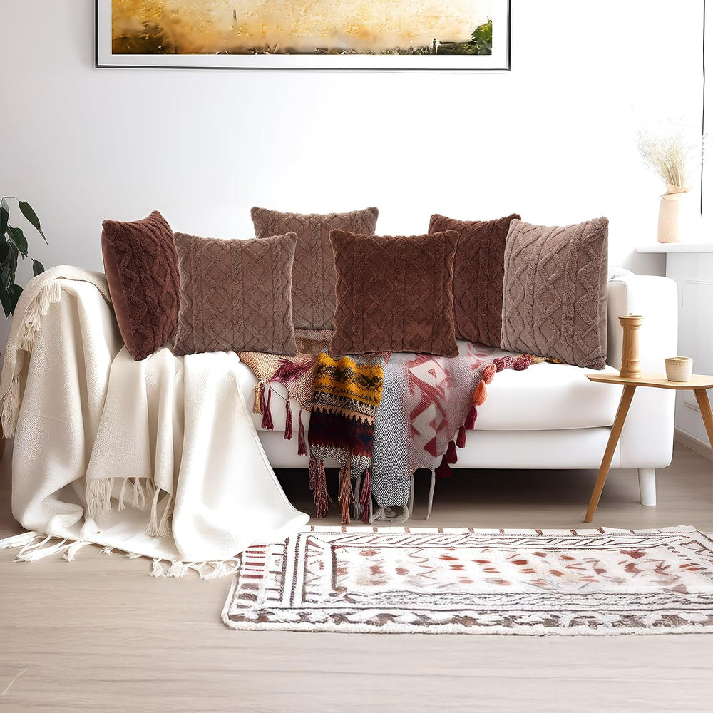 6 Pcs Faux Fur Decorative Pillow Covers 18x18 in, Brown, Gray