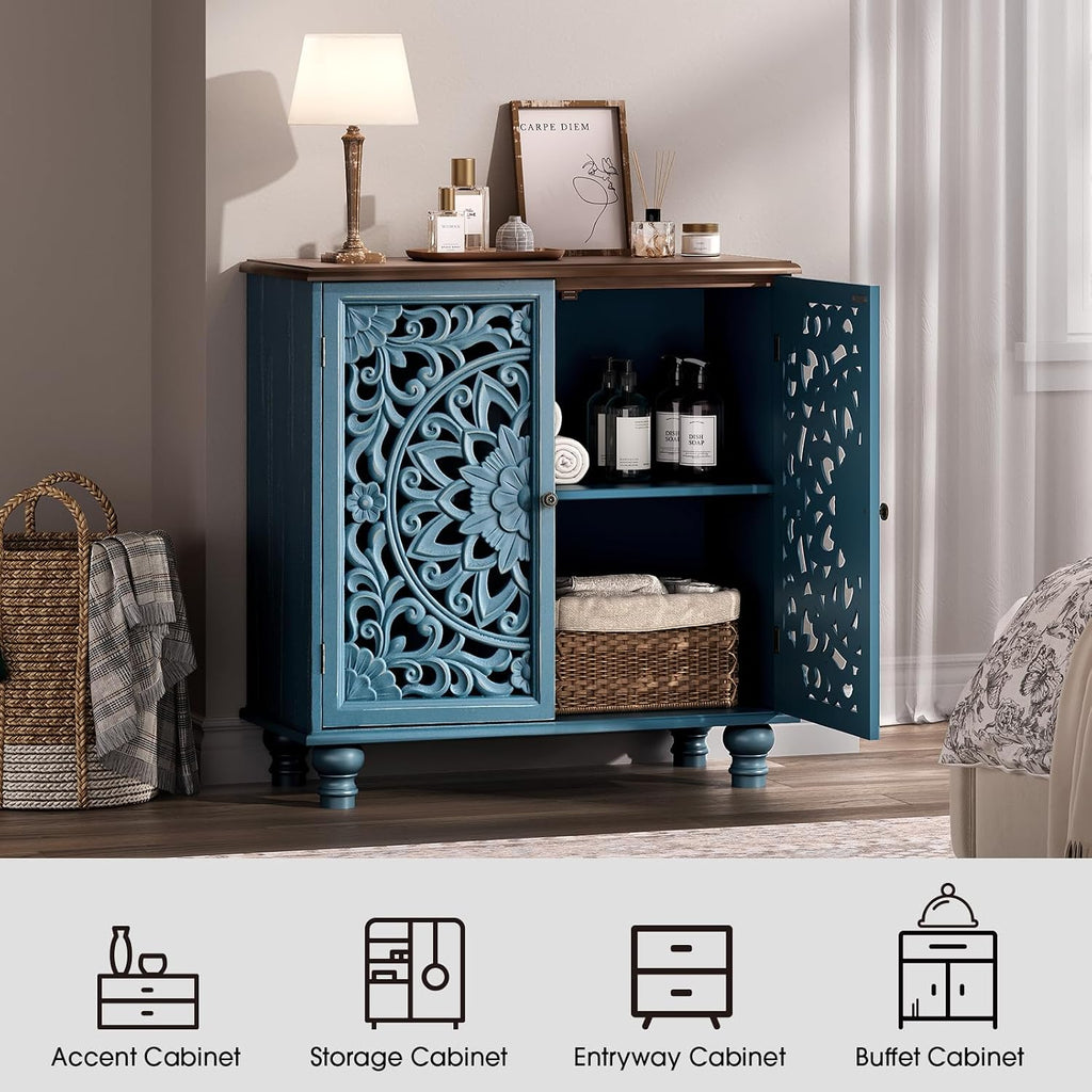 JOINICE 31" Accent Storage Cabinet with Doors for Living Room,Blue & Walnut