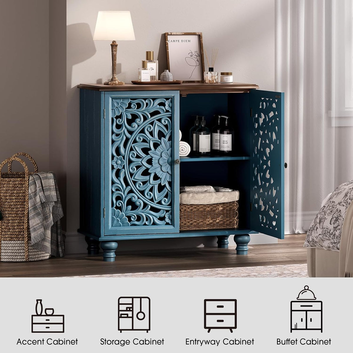 JOINICE 31" Accent Storage Cabinet with Doors for Living Room,Blue & Walnut