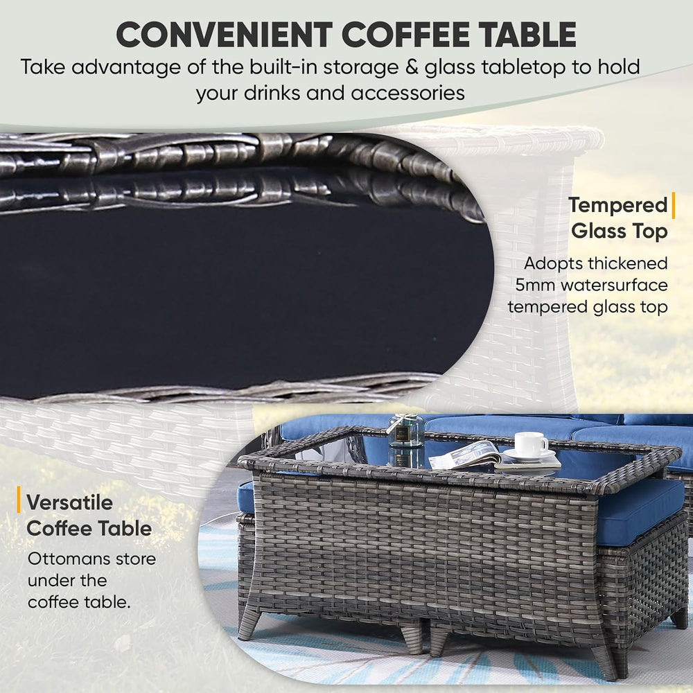 Belord Patio Coffee Table Outdoor Rectangular Glass Table, Handwoven Rattan P...