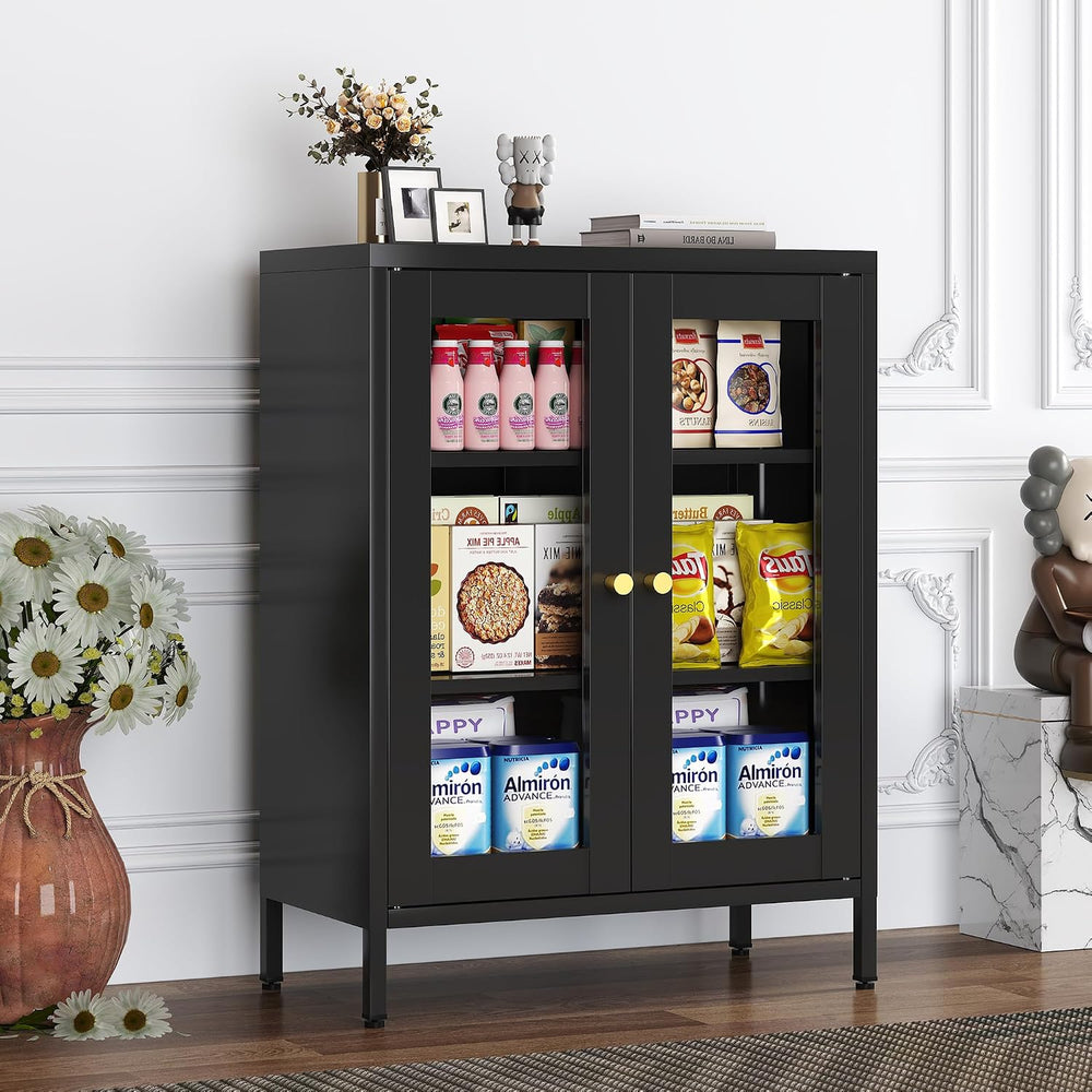 Black Metal Bathroom Glass Storage Cabinet, 2 Doors