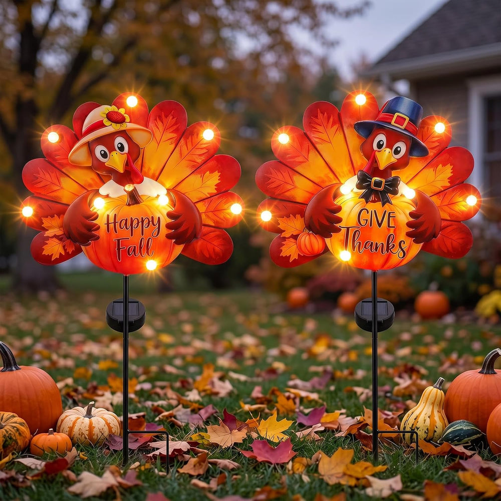 Lewondr 2PCS Thanksgiving Decorations Solar Fall Turkey Garden Stakes