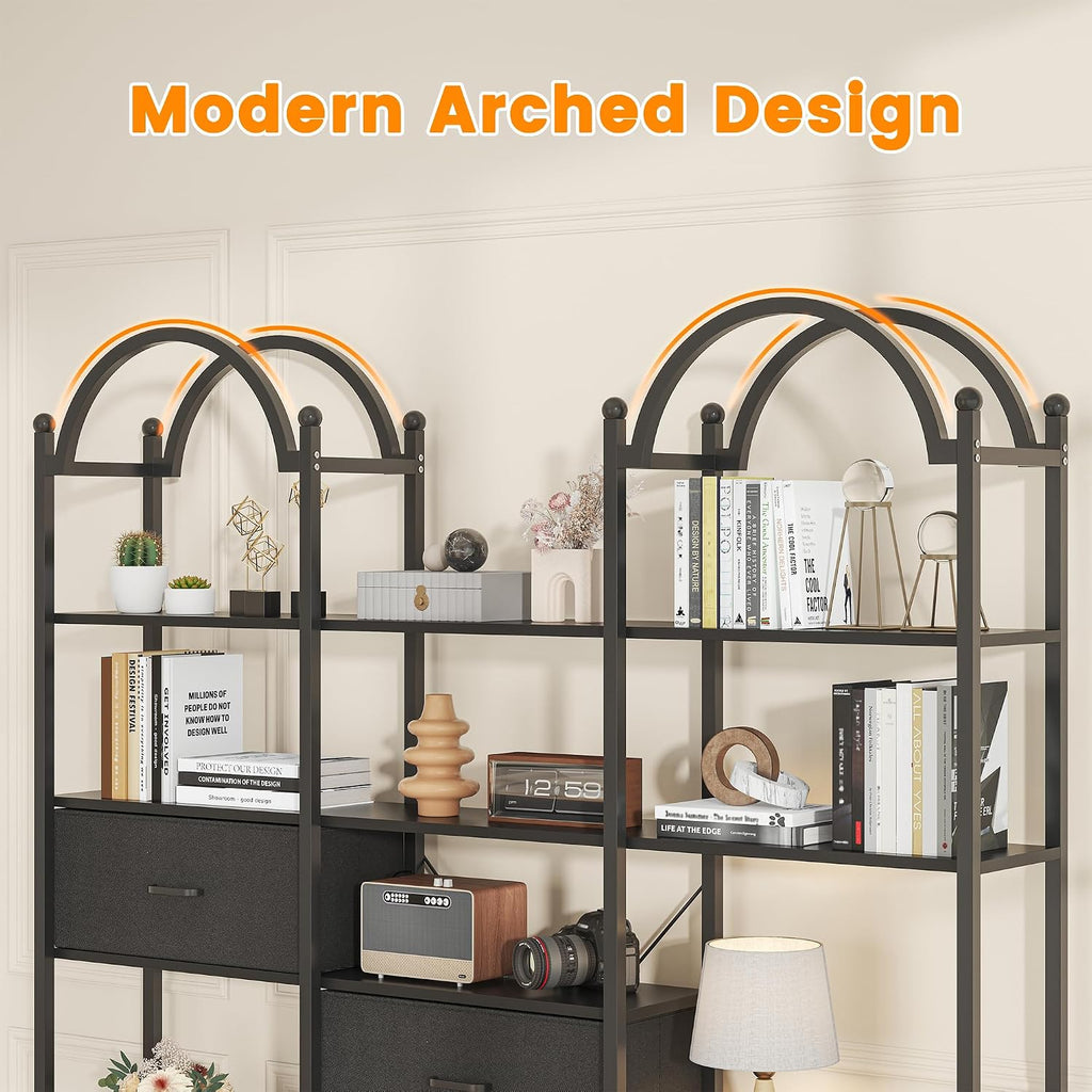 83.5" Tall Arched Bookshelf, Triple Wide 6-Tier Large Open Book Shelf with 3 Drawers Storage, Etagere Bookcase with Display Shelf, Industrial Bookshelf with Metal Frame for Living Room, Black