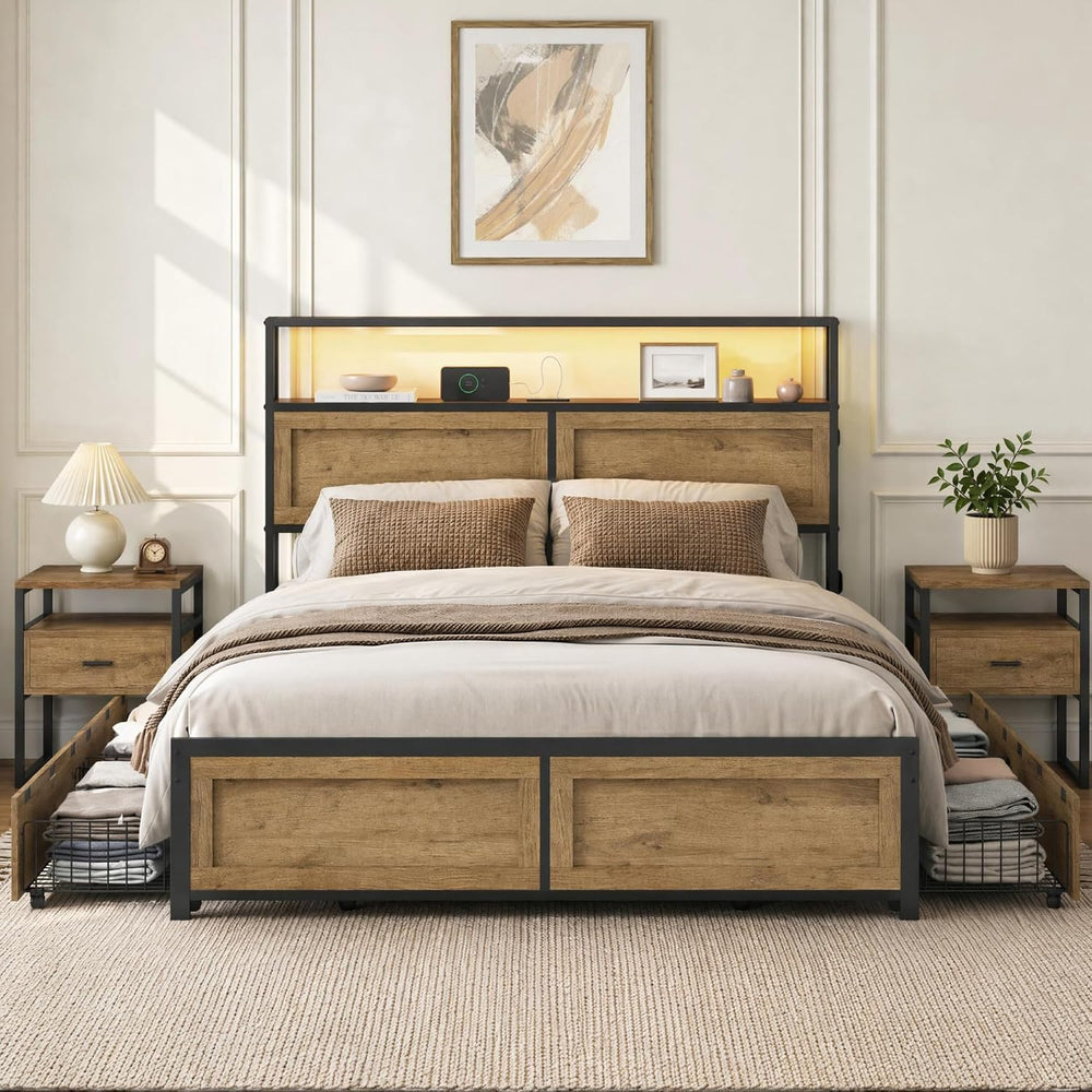 KISLOT 3PCS Bedroom Set with Storage, Industrial Bed Frame, Natural, King