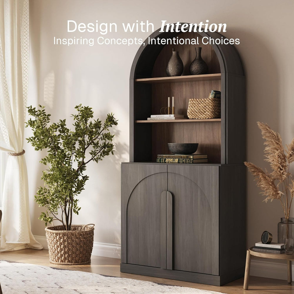 BELLEZE 71" Tall Storage Cabinet with Arched Hutch, Wooden Sideboard Buf...