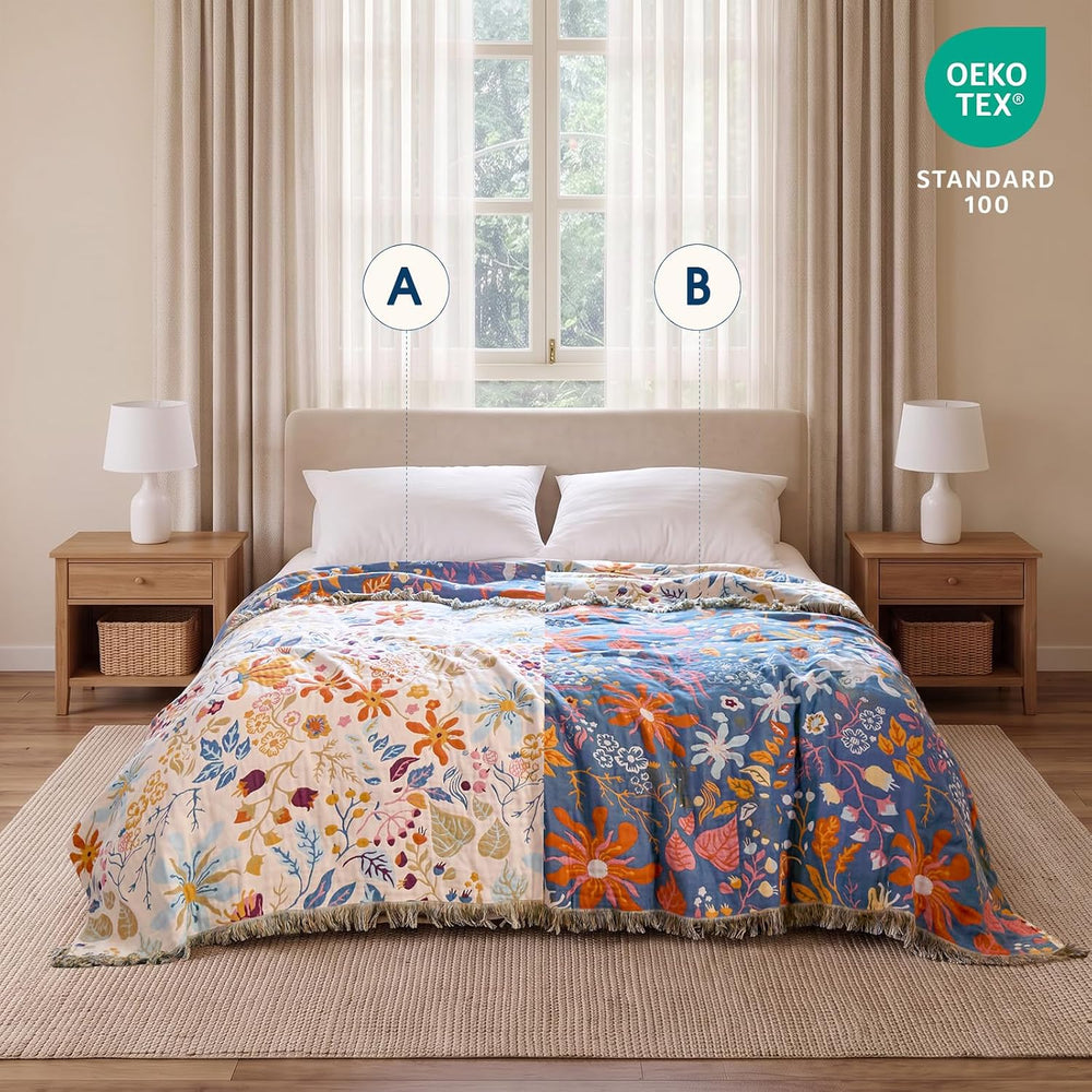 Cotton Throw Blanket Boho - 50"x60" Soft Floral Blankets, Sofa, Bed
