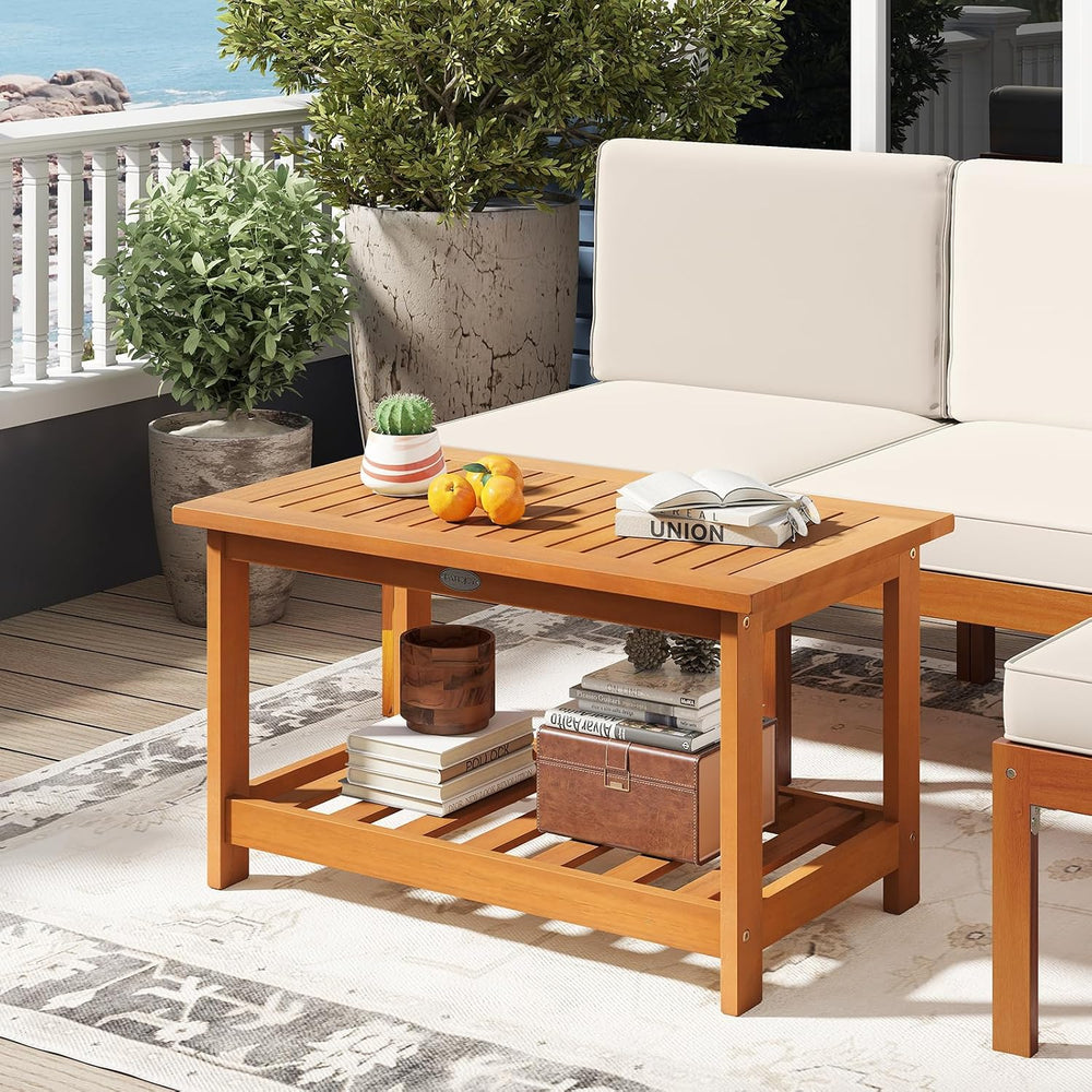 Tangkula Outdoor Acacia Wood Coffee Table, Patio 29.5” Rectangle Slatted 2 Ti...