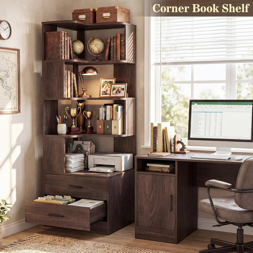 Armocity Corner Book Shelf with Drawers, Small Corner Shelf with Drawers