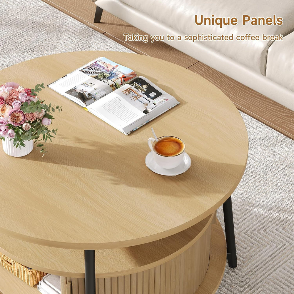 ONBRILL 31.5" Round Coffee Table with Storage and 2 Tiers, Oak