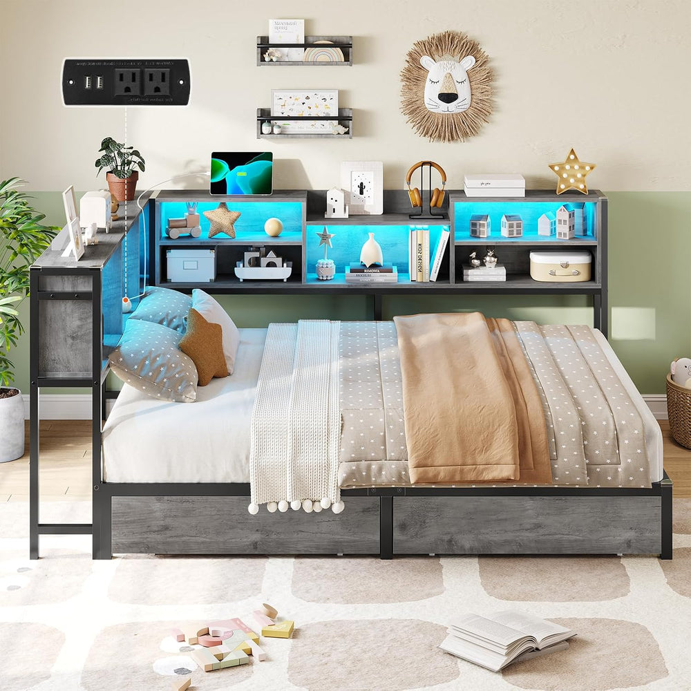 Corner Full Bed Frame with Bookcase Storage,2 Drawers & Led Lights,Oak Gray