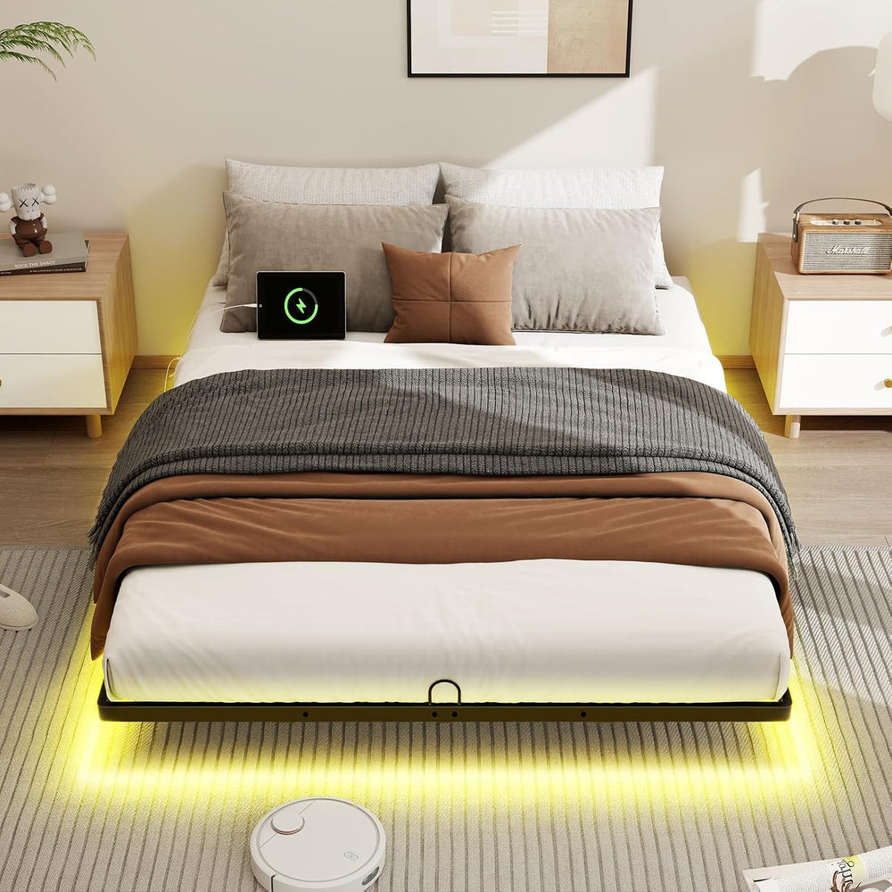 King Size Floating Metal Bed Frame with Smart LED Lights & Charging Stati...