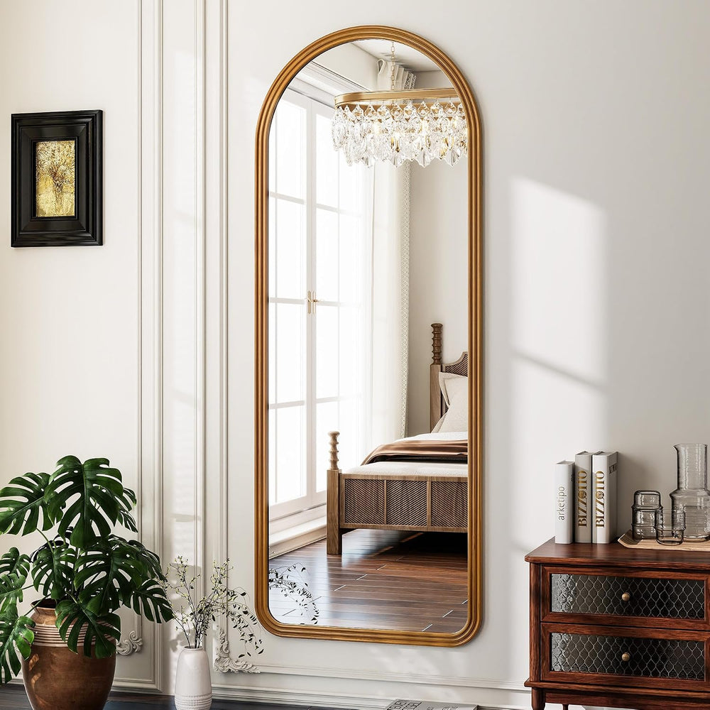 24x65 Inch Wood Arched Full Length Floor Mirror, Natural Wood