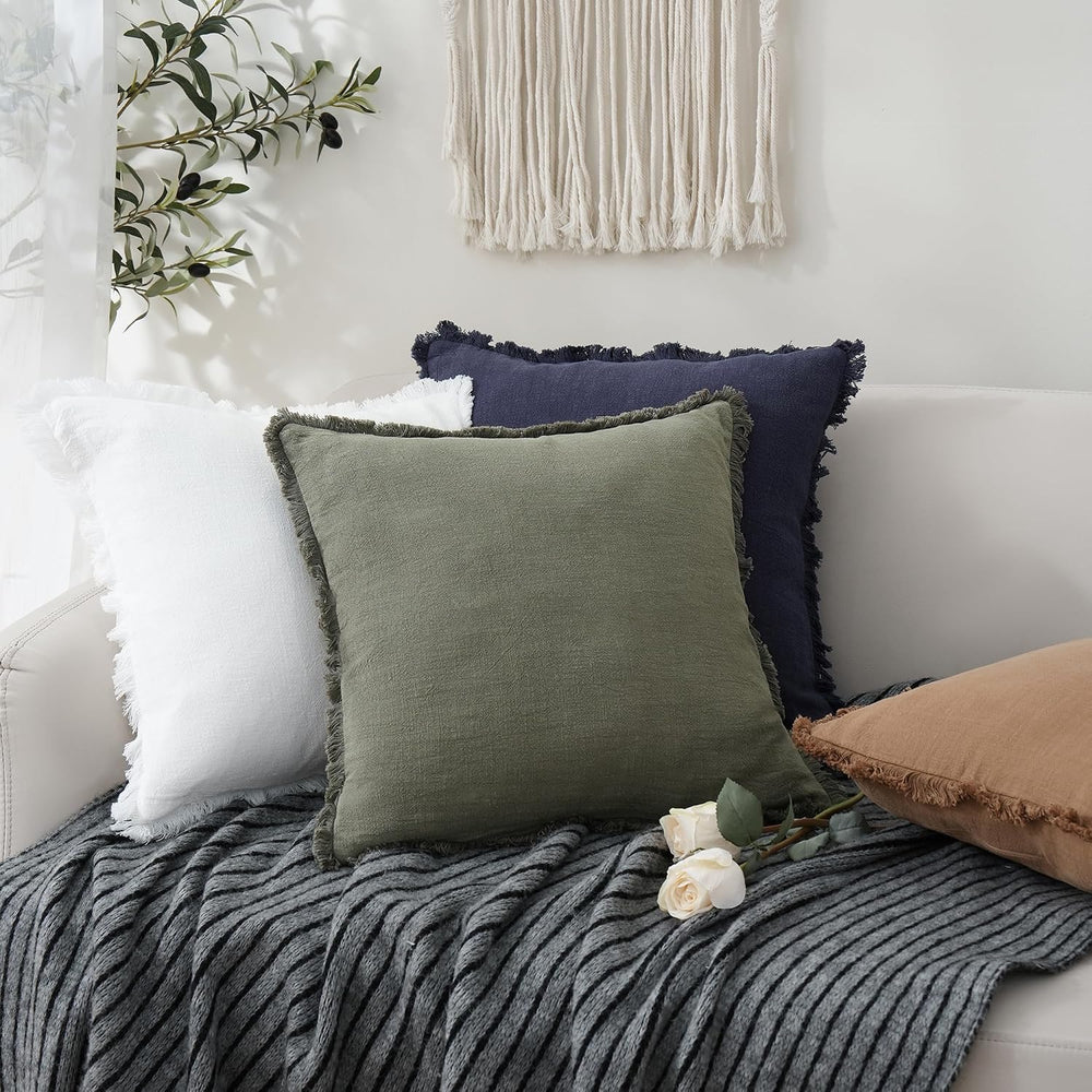 Foindtower Decorative Linen Fringe Throw Pillow Covers 24×24 Olive Green