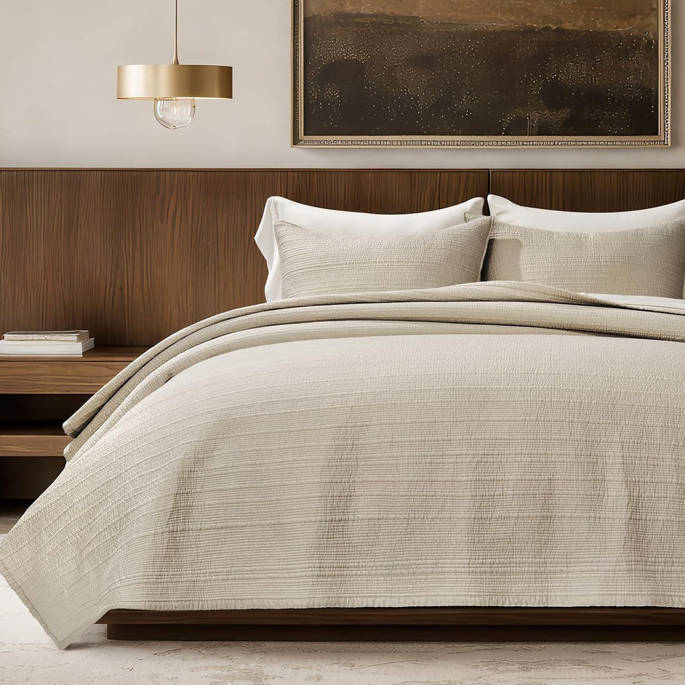 EVERGRACEHOME Cotton Sateen Channel Quilt Set, King Size, Parchment
