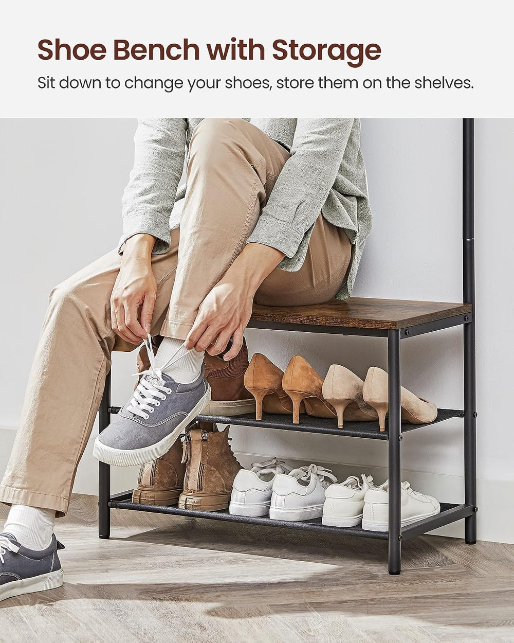 VASAGLE Hall Tree with Bench and Shoe Storage, 9 Movable Hooks, Top Bar