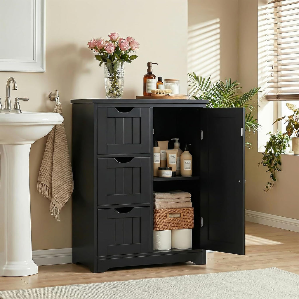 SUPER DEAL Bathroom Storage Cabinet with 3 Drawers and 1 Door, Entryway Home Decor Furniture Towels Storage Organizer Unit, Black
