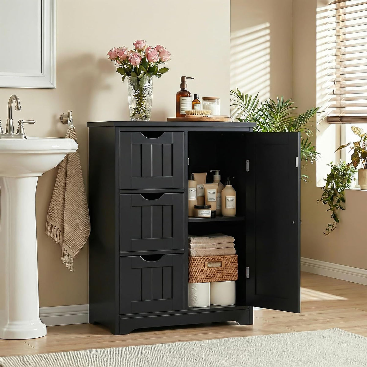 SUPER DEAL Bathroom Storage Cabinet with 3 Drawers and 1 Door, Entryway Home Decor Furniture Towels Storage Organizer Unit, Black