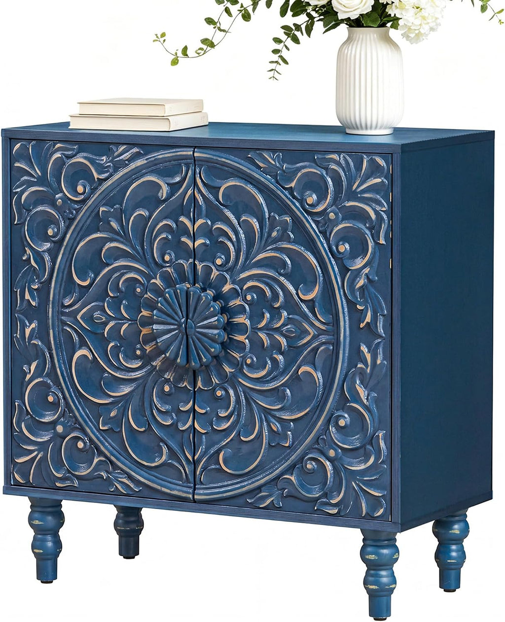 Blue Distressed Carved Accent Cabinet,2 Door Storage Sideboard for Entryway