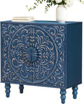Blue Distressed Carved Accent Cabinet,2 Door Storage Sideboard for Entryway