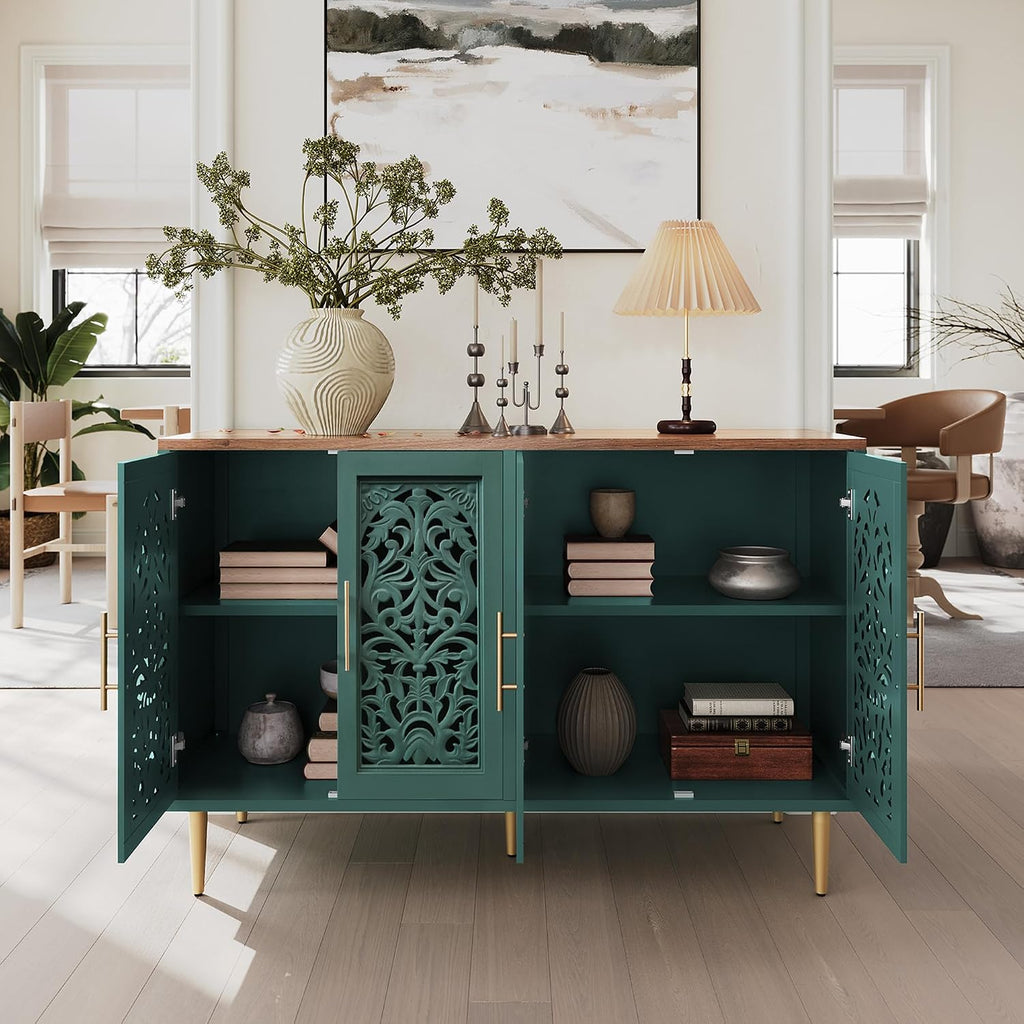 ARTPOWER 47.8" Vintage Accent Cabinet with 4 Hollow Carving Doors, Green