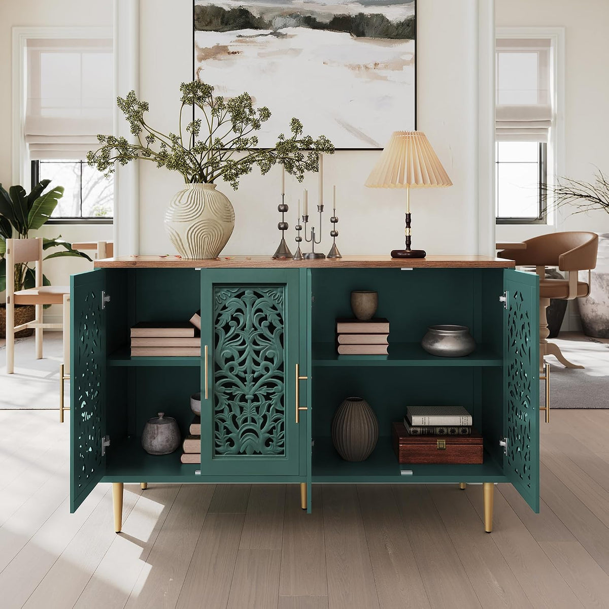 ARTPOWER 47.8" Vintage Accent Cabinet with 4 Hollow Carving Doors, Green