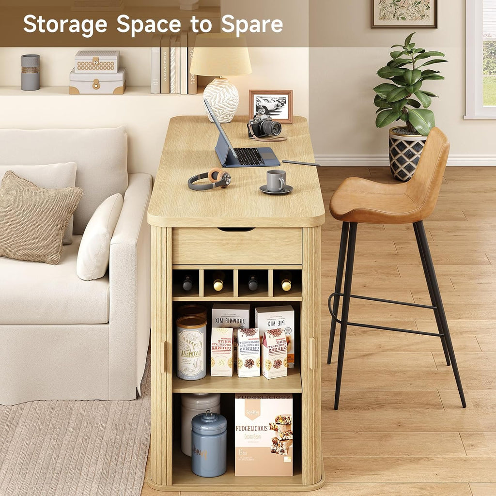 ONBRILL 59 Inch Fluted Kitchen Island with Storage Oak