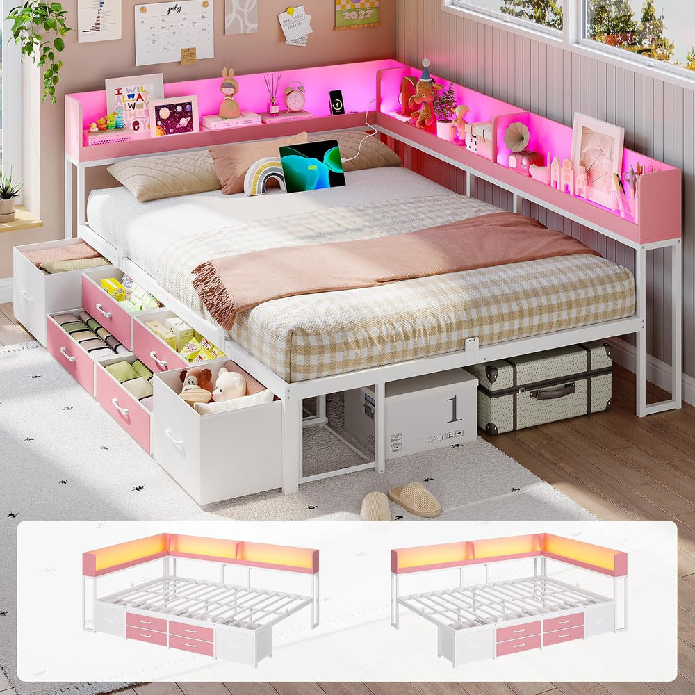 Corner Bed Frame with 6 Drawers, Full Size Day Bed with Bookcase Storage