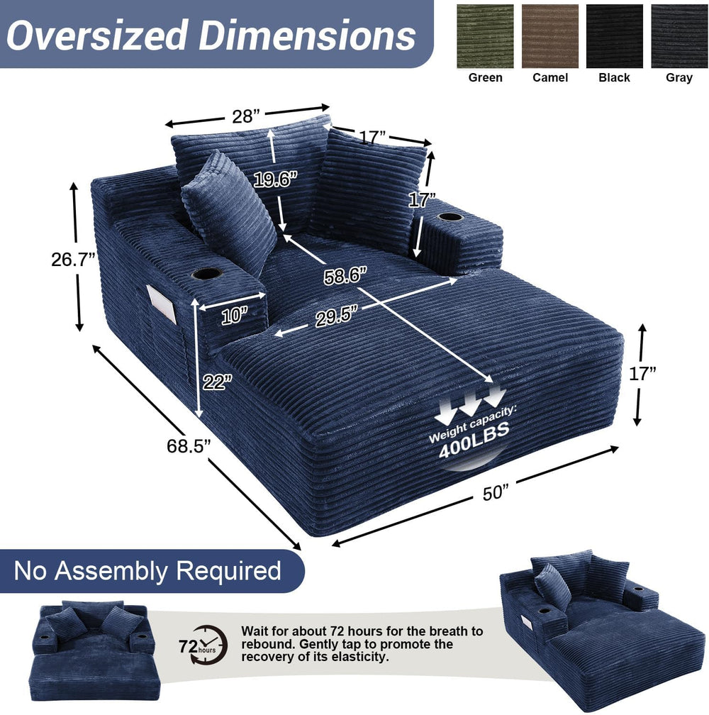 50" x 68" Corduroy Chaise Lounge, Cup Holders, Blue