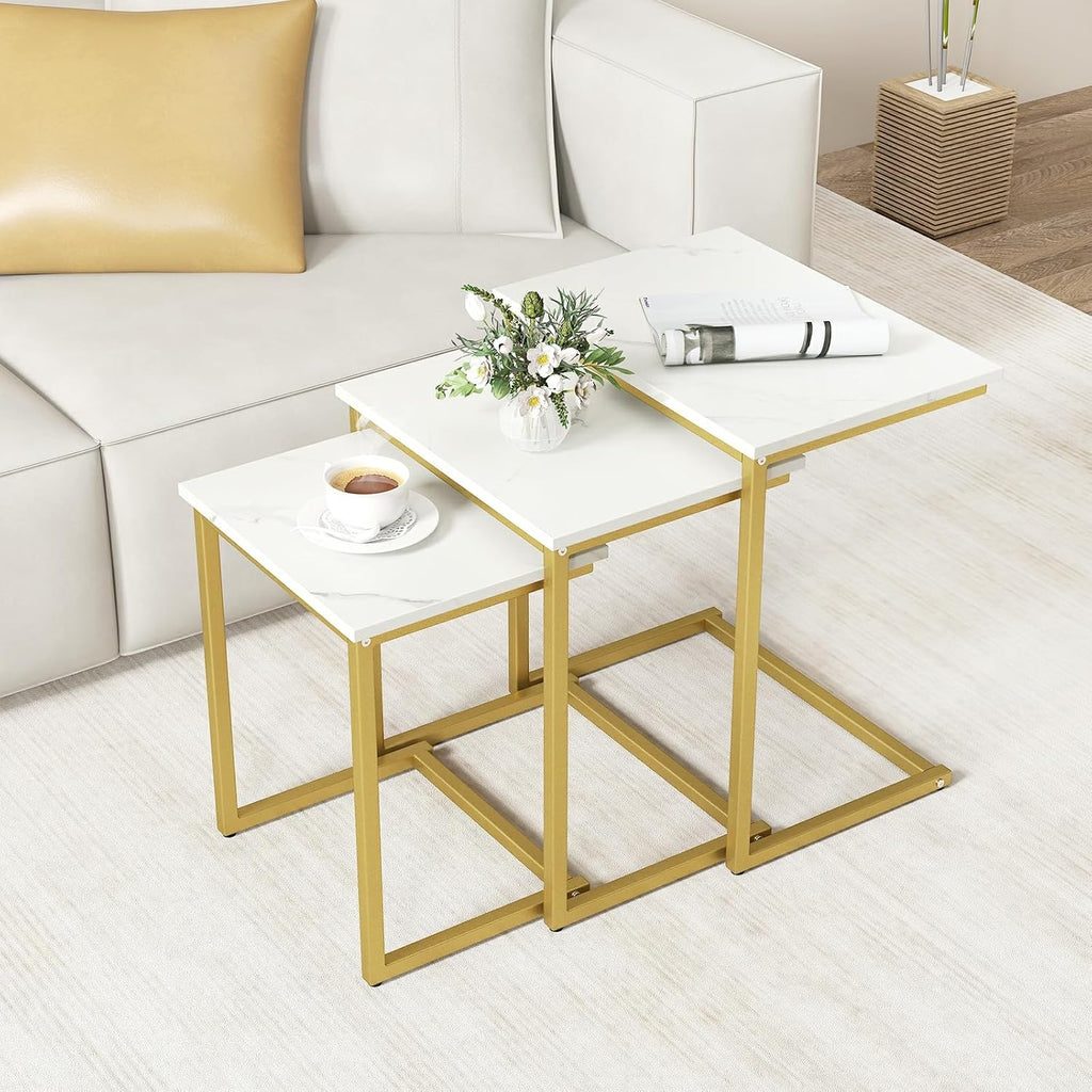 GOFLAME Nesting Coffee Tables Set of 3, Rectangular Nesting Center Table with Faux Marble Top & Metal Frame, Modern C-Shaped Nested Side Table Set for Living Room, Bedroom, Gold & White
