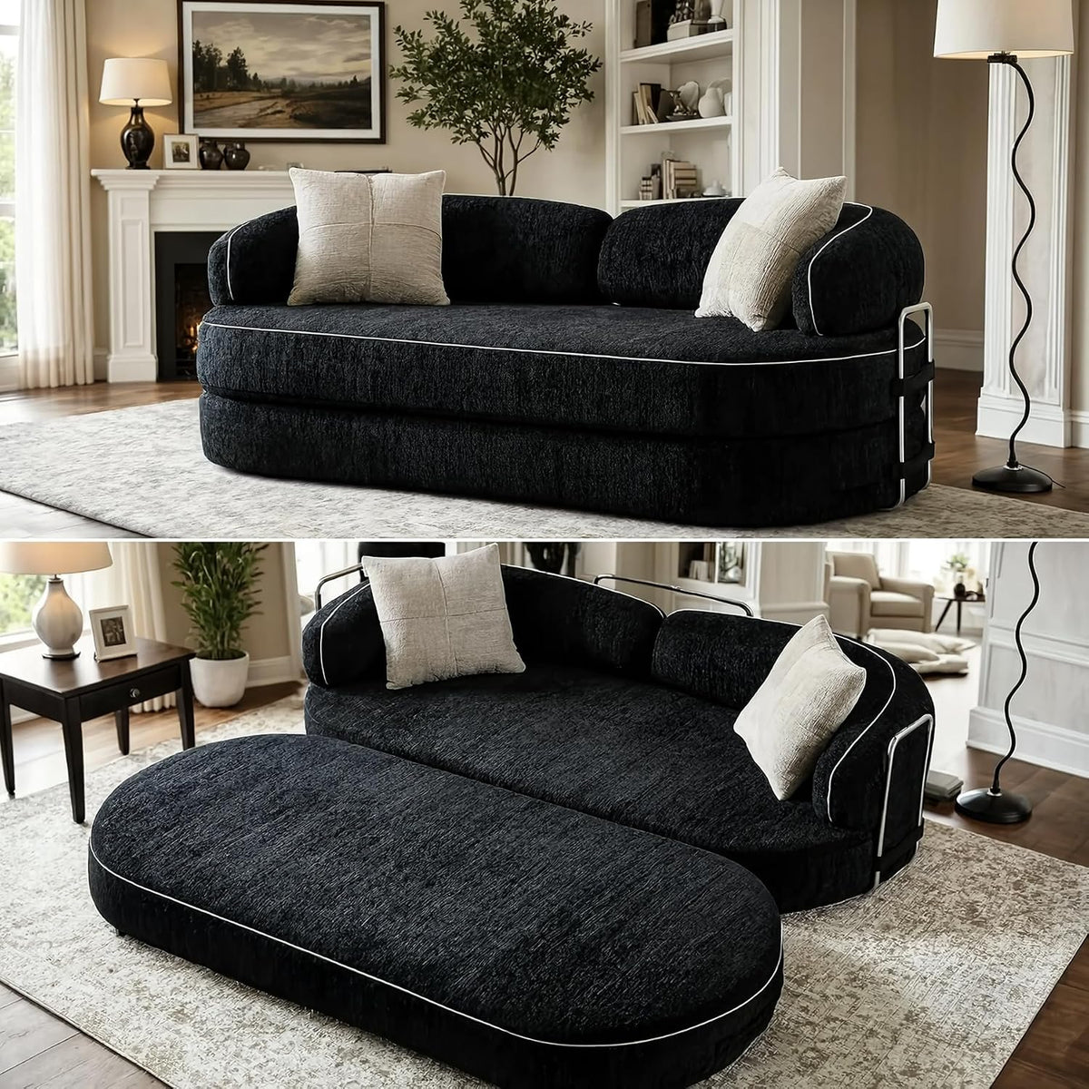 78" Sleeper Sofa Couch Bed Queen Size, 4-in-1 Pull Out Futon Couch, Black | No Assemble Foldable Corduroy Futon, Pull Out Couch 2 Pillows, Compressed Sofa for Living Room Small Spaces