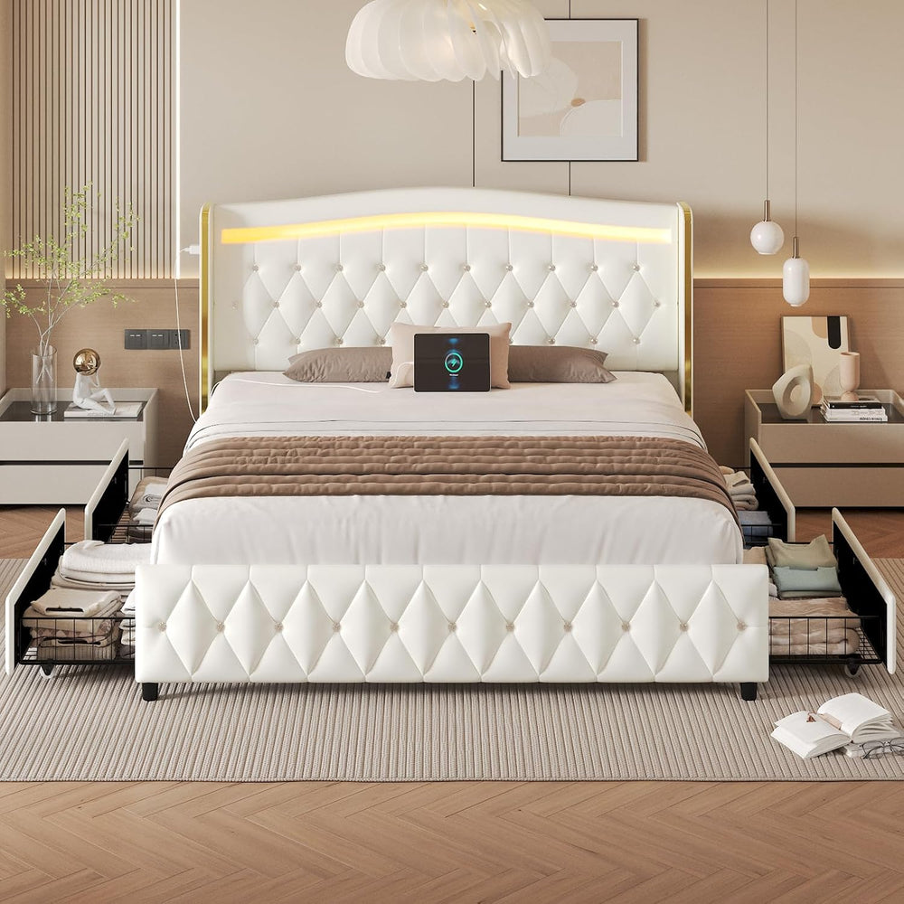 Queen Size Bed Frame, Headboard, 4 Storage Drawers, LED Lights, White