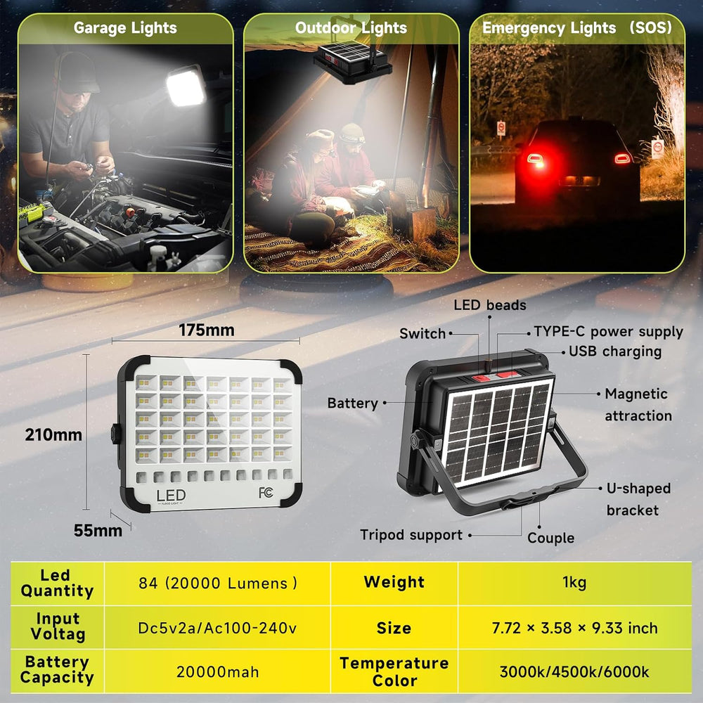200W 20000LM Solar LED Work Light, 20000mAh Rechargeable, Magnetic IP66