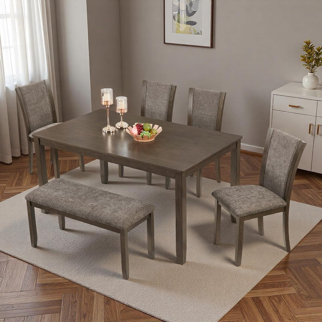 6 piece dining table set, farmhouse wooden dining, front angle view