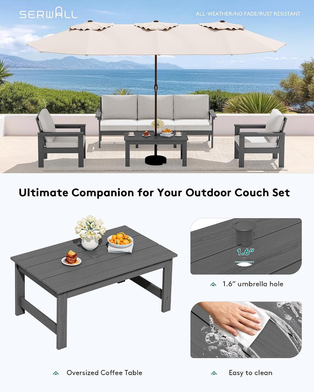 SERWALL HDPE Patio Coffee Table, Rectangle Outdoor Coffee Table, All-Weather ...
