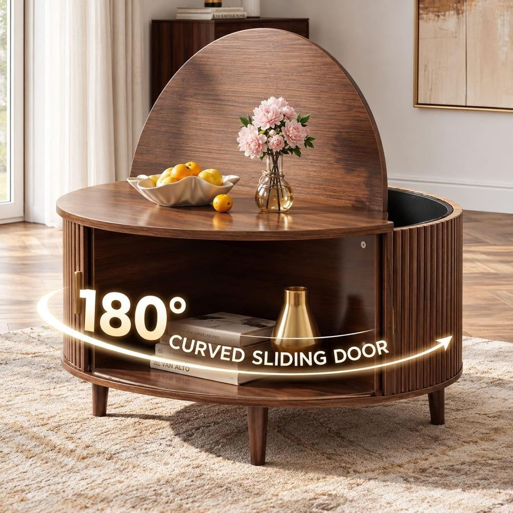 WLIVE 31.5" Round Coffee Table with Storage, Walnut Brown