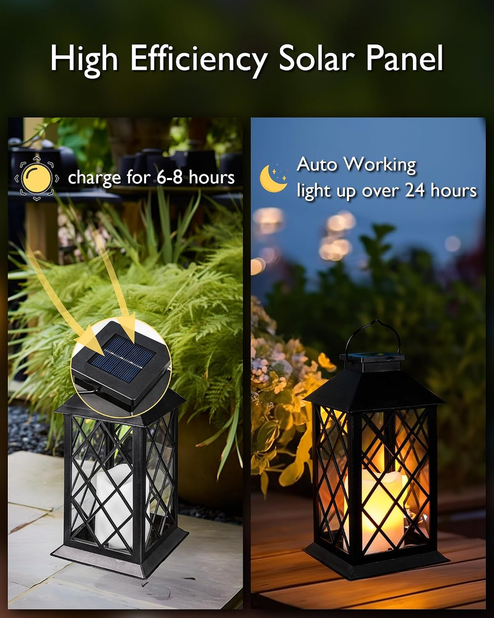 Homemory 2 Pack 13'' Black Solar Lanterns, Flickering Flame Hanging L...